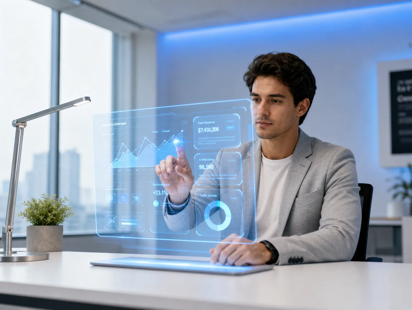 Person looking confidently at a digital dashboard