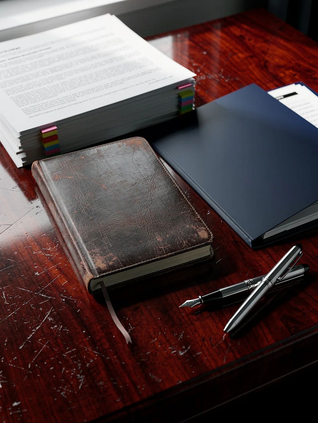Organized stack of legal documents on a clean desk